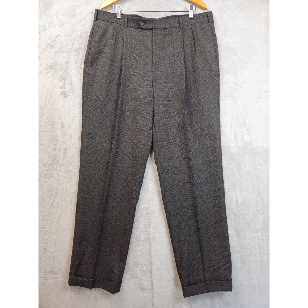 Jos A Bank Mens 40x33 Glen Plaid Dark Gray Wool Dress Pants Pleated Cuffed